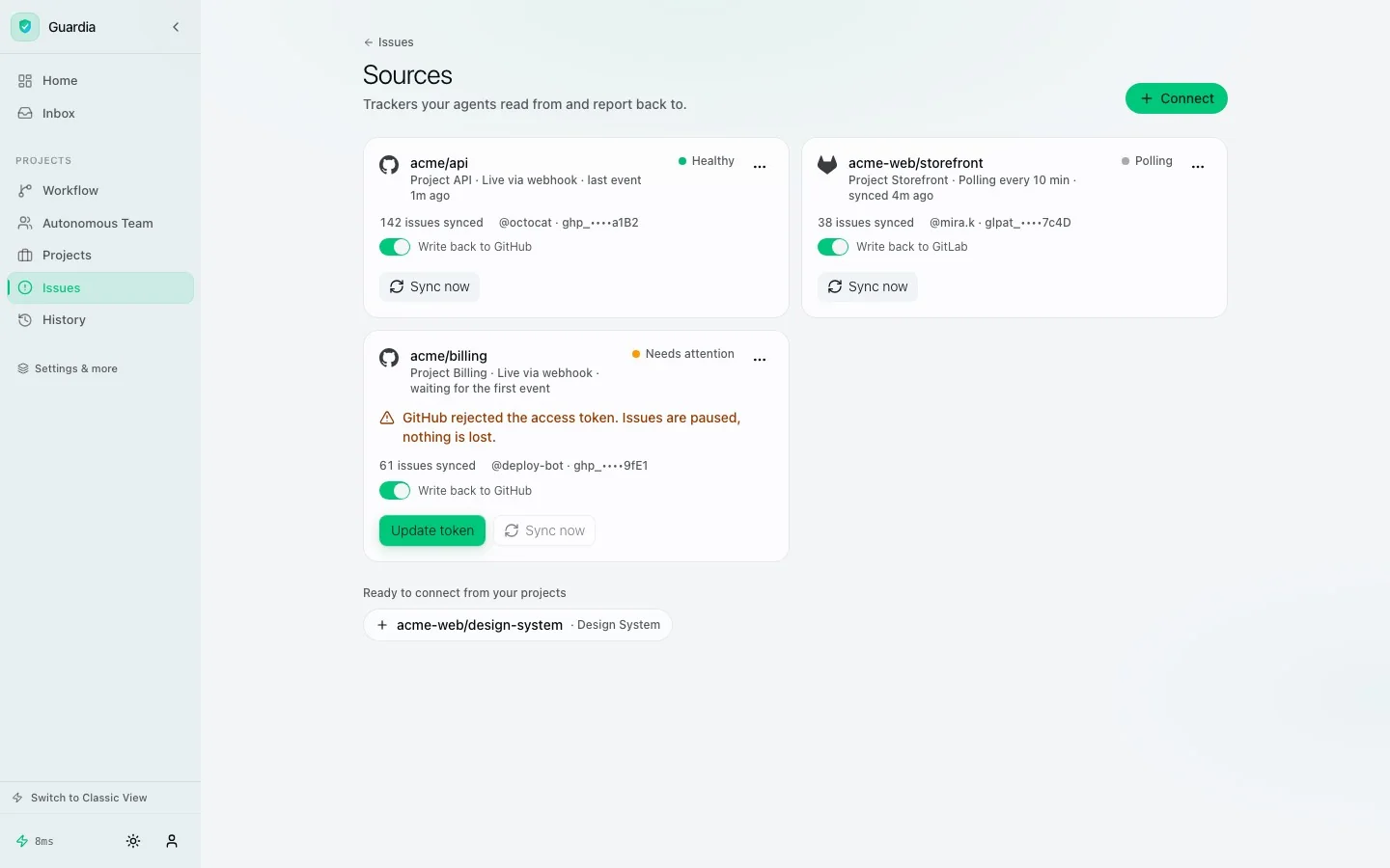 Guardi Sources page: one card per tracker connection with webhook status and write-back toggle