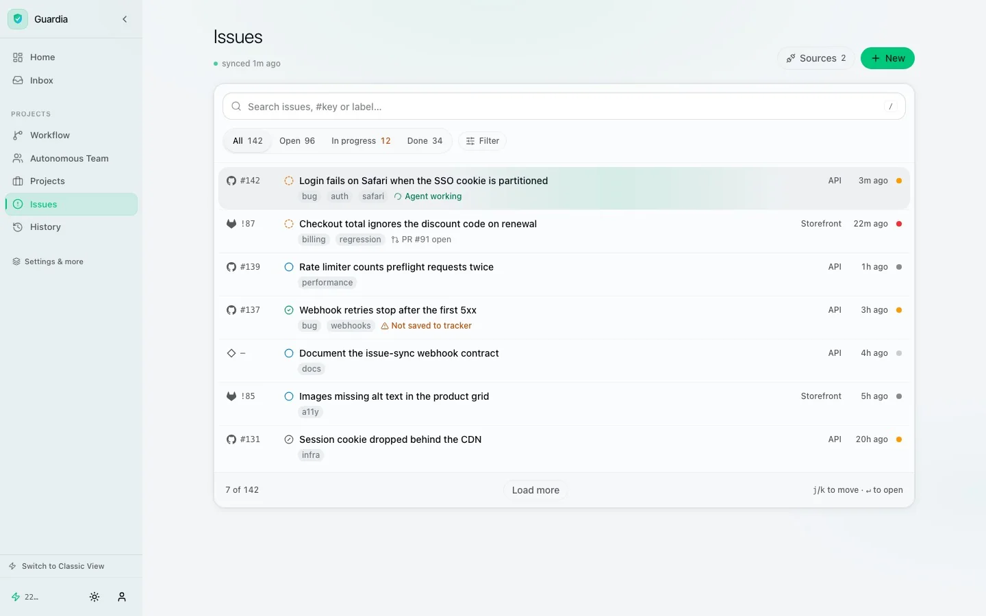 Guardi Issues: GitHub #142 and GitLab !87 side by side, each row showing what the agent is doing