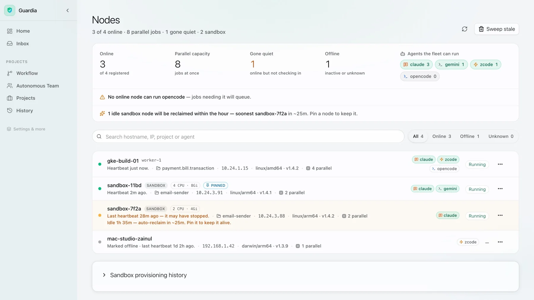 Guardi Nodes: 3 of 4 online, 8 parallel jobs, which CLI agents the fleet can run, and a warning that no online node can run opencode