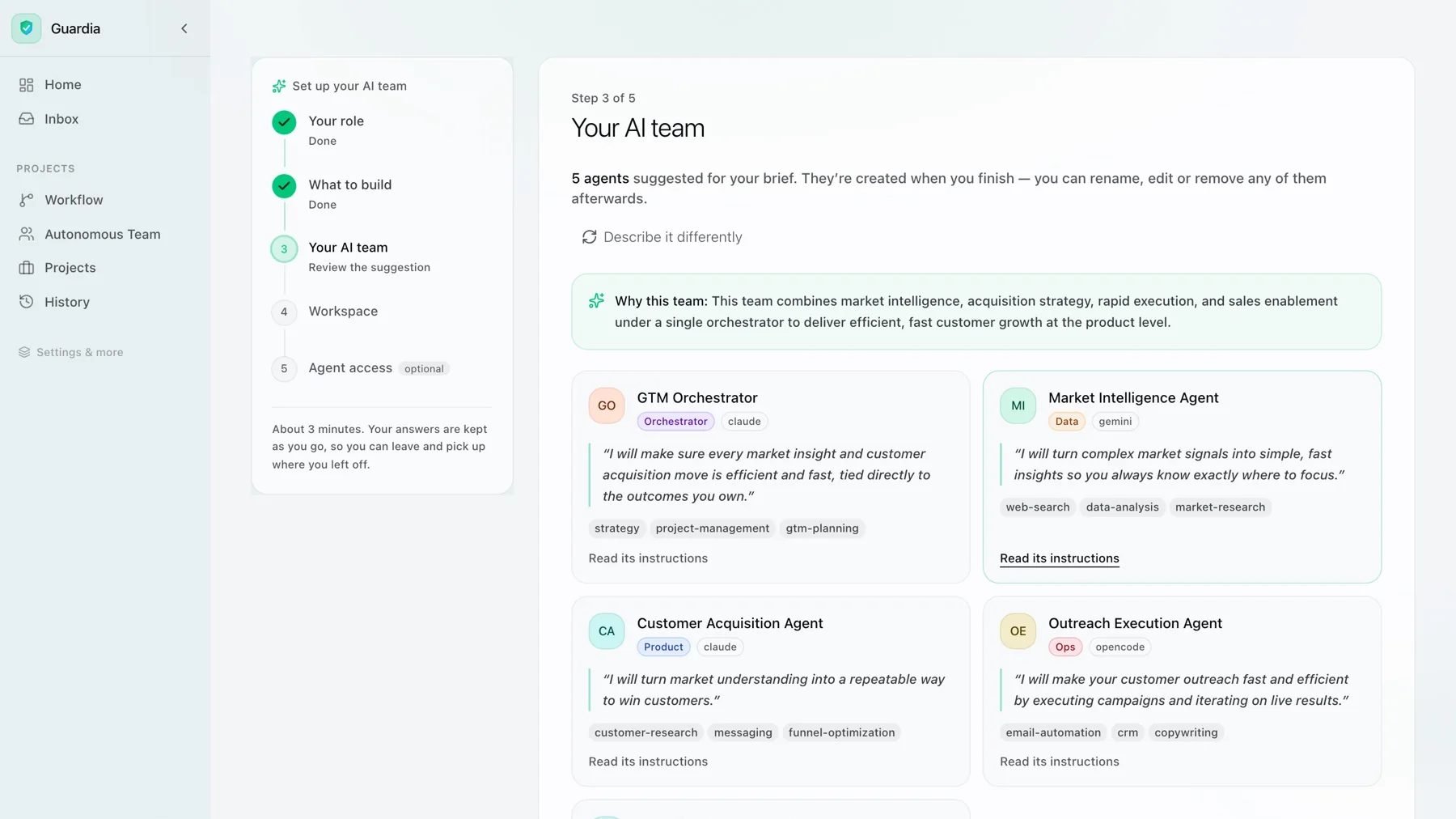 Guardi setup wizard suggesting a five-agent team from a short brief, each with its reasoning and skills