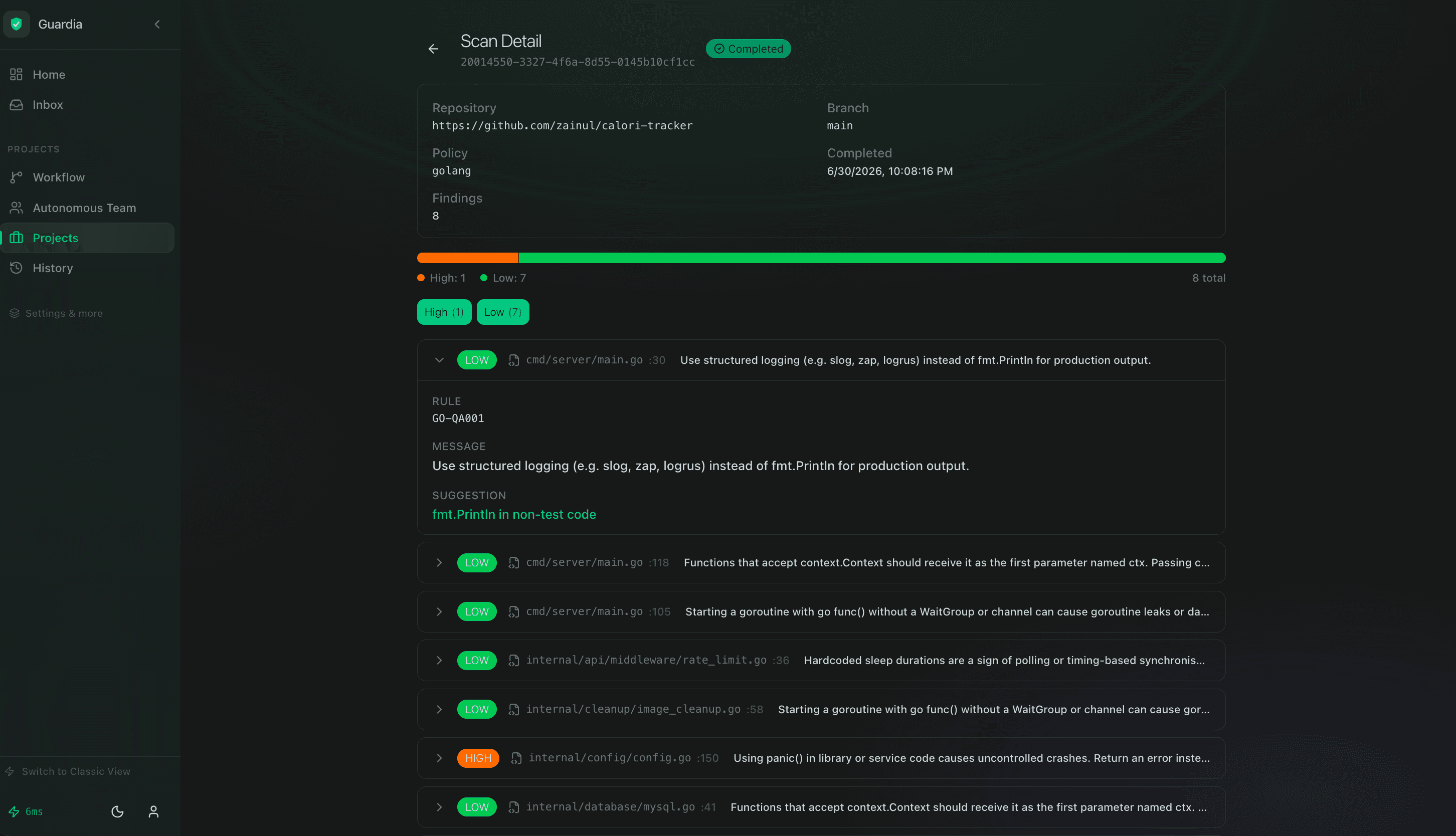 Guardi scan detail view listing security and code-quality findings with severity, file, and suggested fix