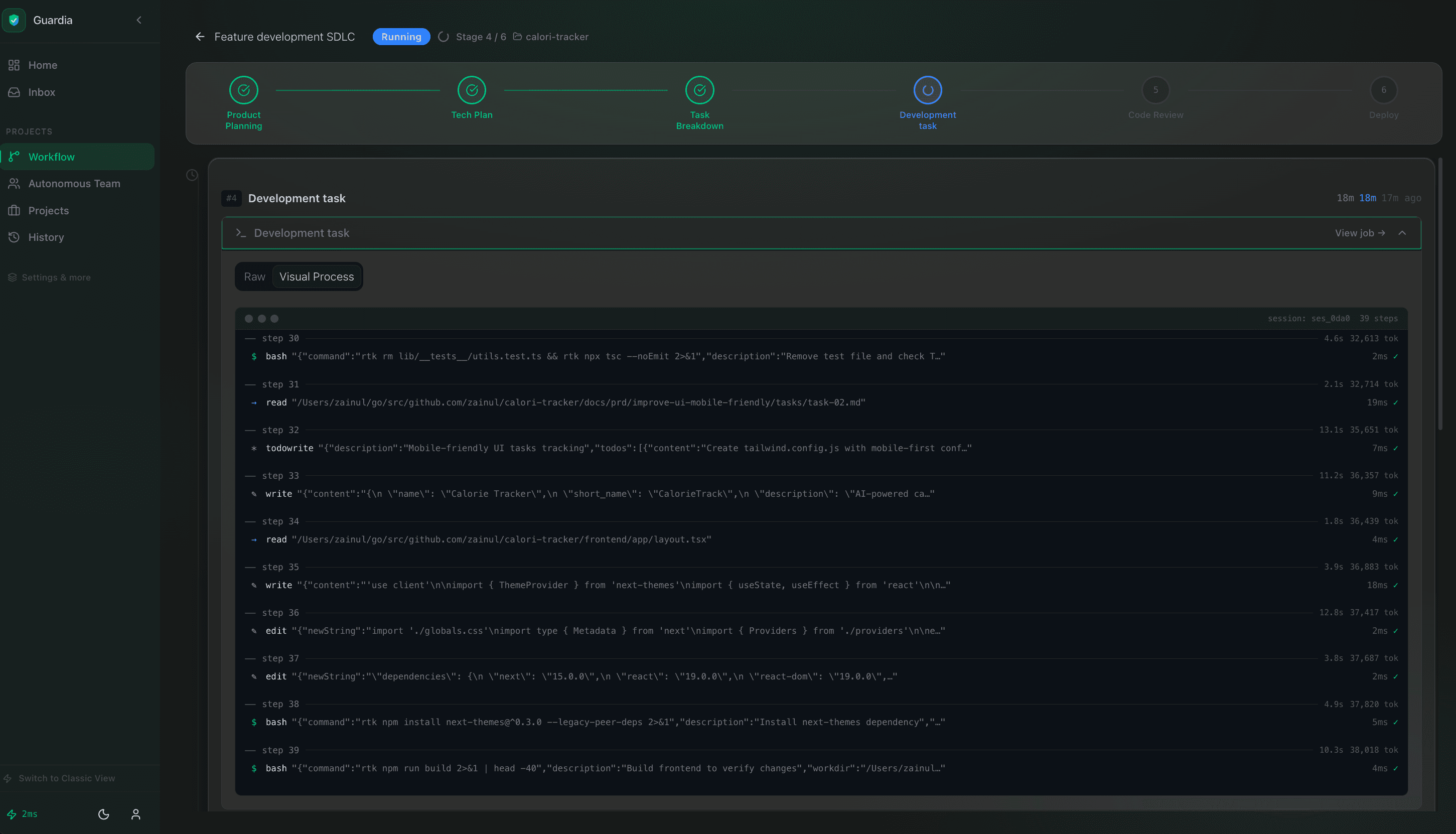 Guardi workflow run in progress — Product Planning, Tech Plan, and Task Breakdown completed, Development task running live with step-by-step agent output